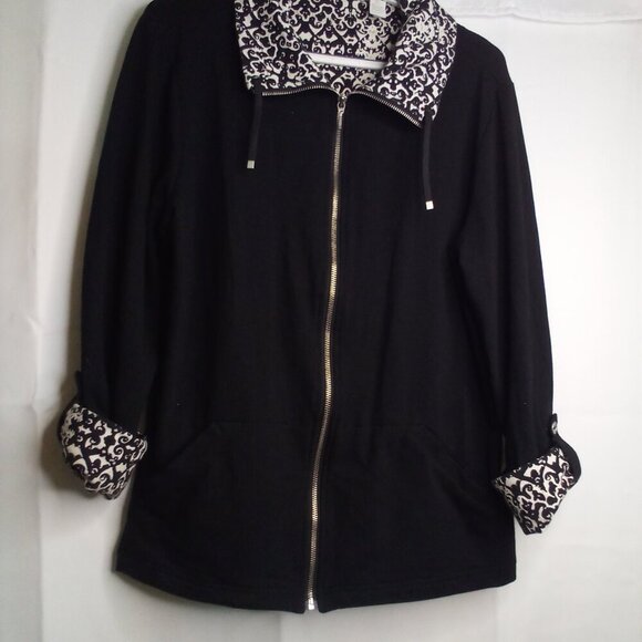 Weekends by Chico's Jacket Women 2 L Full Zip Pockets Roll Tab Sleeve Black - Picture 2 of 16